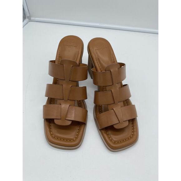 New Marc Fisher LTD Louisa‎ Leather Block Heel Slip On Mules Woven Tan Size 10M - Picture 3 of 8